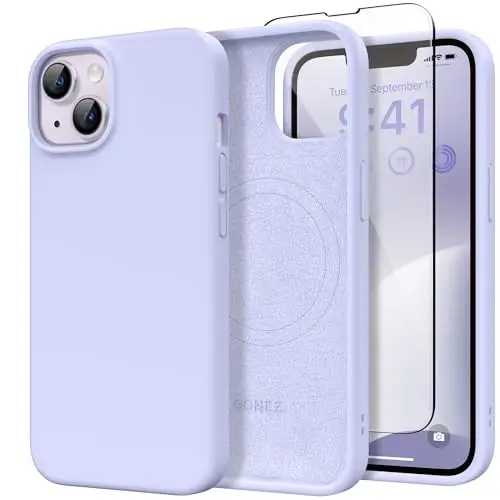 GONEZ Magnetic for iPhone 14 Case, Compatible with Magsafe, with Screen Protector + Camera Protector, Anti-Scratch Microfiber Lining, Liquid Silicone Shockproof Protective Phone Case, Lilac 