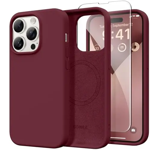 GONEZ Magnetic for iPhone 14 Case, Compatible with Magsafe, with Screen Protector + Camera Protector, Anti-Scratch Microfiber Lining, Liquid Silicone Shockproof Protective Phone Case, Maroon 