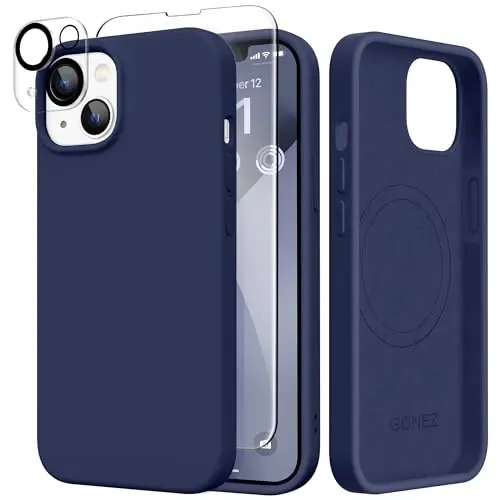 GONEZ Magnetic for iPhone 14 Case, Compatible with Magsafe, with Screen Protector + Camera Protector, Anti-Scratch Microfiber Lining, Liquid Silicone Shockproof Protective Phone Case, Midnight Blue - 1