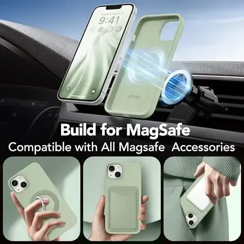 GONEZ Magnetic for iPhone 14 Case, Compatible with Magsafe, with Screen Protector + Camera Protector, Anti-Scratch Microfiber Lining, Liquid Silicone Shockproof Protective Phone Case, Pastel Green - 4