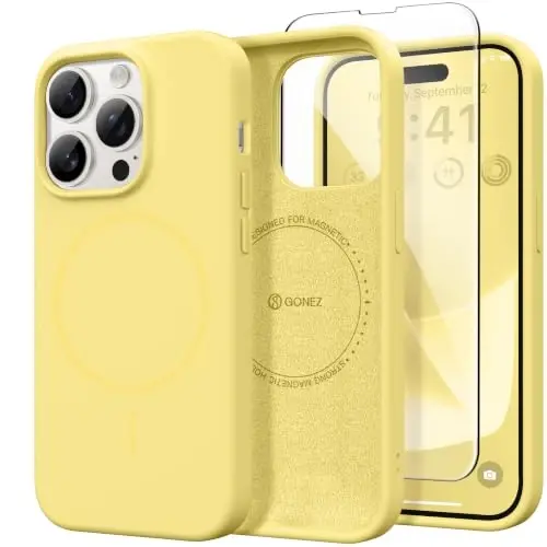 GONEZ Magnetic for iPhone 14 Pro Case, Silicone Cover Buttercream Yellow | Compatible with MagSafe, Screen Protector, Microfiber Lining, 3 Layers Soft Gel Rubber Shockproof Slim 6.1