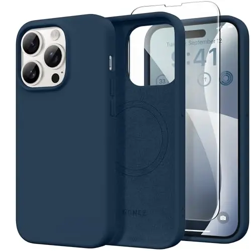 GONEZ Magnetic for iPhone 14 Pro Case, Silicone Cover Dark Blue | Compatible with MagSafe, Screen Protector, Microfiber Lining, 3 Layers Soft Gel Rubber Shockproof Slim 6.1