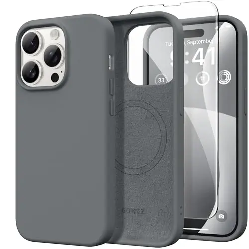 GONEZ Magnetic for iPhone 14 Pro Case, Silicone Cover Dark Grey | Compatible with MagSafe, Screen Protector, Microfiber Lining, 3 Layers Soft Gel Rubber Shockproof Slim 6.1