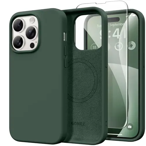 GONEZ Magnetic for iPhone 14 Pro Max Case, Silicone Cover Dark Green | Compatible with MagSafe, Screen Protector, Microfiber Lining, 3 Layers Soft Gel Rubber Shockproof Slim 6.7