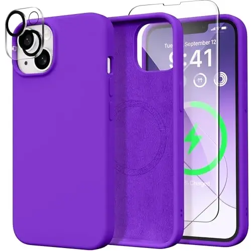 GONEZ Magnetic for iPhone 15 Case [Magsafe bilan mos] [1 Ekran himoyachisi + 1 Kamera himoyachisi], Chizilishga qarshi Microfiber Lining zarbga chidamli himoya Silikon telefon qopqog'i 6.1