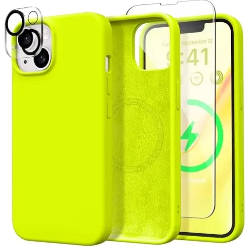 GONEZ Magnetic for iPhone 15 Case [Magsafe bilan mos] [1 Ekran himoyachisi + 1 Kamera himoyachisi], Chizilishga qarshi mikrofiber astar Zarba o'tkazmaydigan himoya silikon telefon qopqog'i 6.1