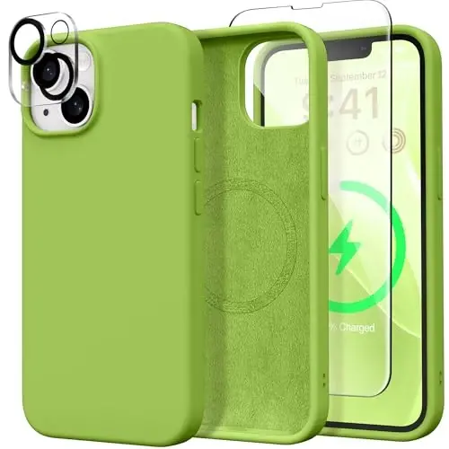 GONEZ Magnetic for iPhone 15 Case [Magsafe bilan mos] [1 Ekran himoyachisi + 1 Kamera himoyachisi], Chizilishga qarshi mikrofiber qoplama zarbga chidamli himoya silikon telefon qopqog'i 6.1