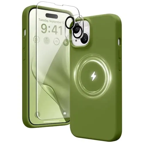 GONEZ Magnetic for iPhone 15 Case [Magsafe bilan mos] [1 Ekran himoyachisi + 1 Kamera himoyachisi], Chizilishga qarshi mikrofiber qoplamali zarbaga chidamli silikon telefon qopqog'i 6.1