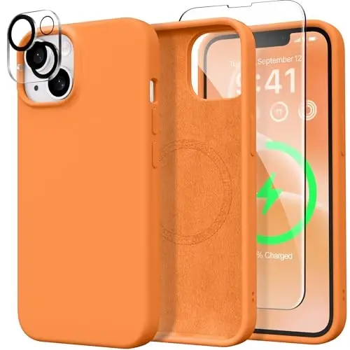 GONEZ Magnetic for iPhone 15 Case [Magsafe bilan mos] [1 ekran himoyachisi + 1 kamera himoyachisi], chizilishga qarshi mikrofiber qoplamali zarbga chidamli silikon telefon qopqog'i 6.1