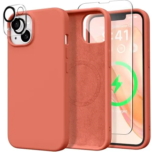 GONEZ Magnetic for iPhone 15 Case [Magsafe bilan mos] [1 ekran himoyachisi + 1 kamera himoyachisi], tirnalishga qarshi mikrofiber qoplamali zarbaga chidamli silikon telefon qopqog'i 6.1