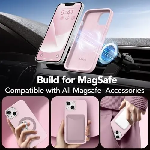 GONEZ Magnetic for iPhone 13 Case & iPhone 14 Case, [Compatible with MagSafe] Anti-Scratch Microfiber Lining & Screen Protector, Shockproof Slim Phone Silicone Cover 6.1 inch, Pastel Pink - 4