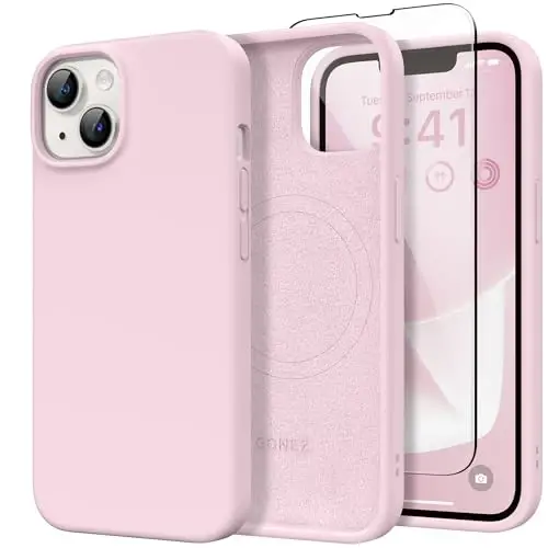 GONEZ Magnetic for iPhone 13 Case & iPhone 14 Case, [Compatible with MagSafe] Anti-Scratch Microfiber Lining & Screen Protector, Shockproof Slim Phone Silicone Cover 6.1 inch, Pastel Pink 