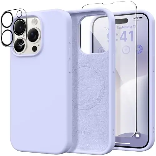 GONEZ Magnetic for iPhone 15 Pro Case, Compatible with MagSafe, [Screen Protector + Camera Lens Protector], Silicone Shockproof Anti-Scratch Protective Phone Case 6.1 inch, Lilac - 1