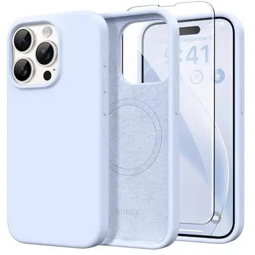 GONEZ Magnetic for iPhone 15 Pro Case, [Compatible with MagSafe] Anti-Scratch Microfiber Lining & Screen Protector, Shockproof Slim Phone Silicone Cover 6.1 inch, Baby Blue 