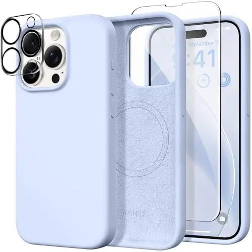 GONEZ Magnetic for iPhone 15 Pro Case, Compatible with MagSafe, [Screen Protector + Camera Lens Protector], Silicone Shockproof Anti-Scratch Protective Phone Case 6.1 inch, Baby Blue - GONEZ