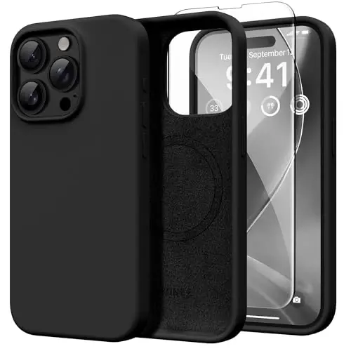 GONEZ Magnetic for iPhone 15 Pro Case, [Compatible with MagSafe] Anti-Scratch Microfiber Lining & Screen Protector, Shockproof Slim Phone Silicone Cover 6.1 inch, Black - GONEZ