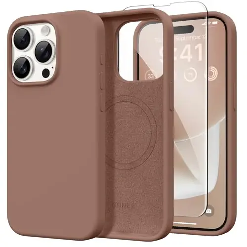 GONEZ Magnetic for iPhone 15 Pro Case, [Compatible with MagSafe] Anti-Scratch Microfiber Lining & Screen Protector, Shockproof Slim Phone Silicone Cover 6.1 inch, Brown 