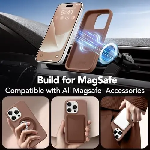 GONEZ Magnetic for iPhone 15 Pro Case, [Compatible with MagSafe] Anti-Scratch Microfiber Lining & Screen Protector, Shockproof Slim Phone Silicone Cover 6.1 inch, Brown - 5
