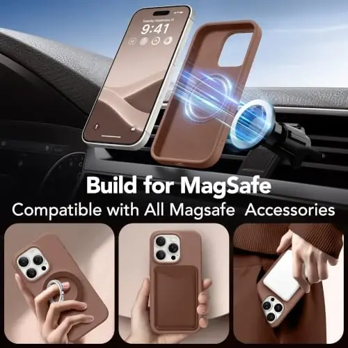 GONEZ Magnetic for iPhone 15 Pro Case, Silicone Cover Brown | Compatible with MagSafe, Camera Button & Screen Protector, Microfiber Lining, 3 Layers Soft Gel Rubber Shockproof Slim 6.1