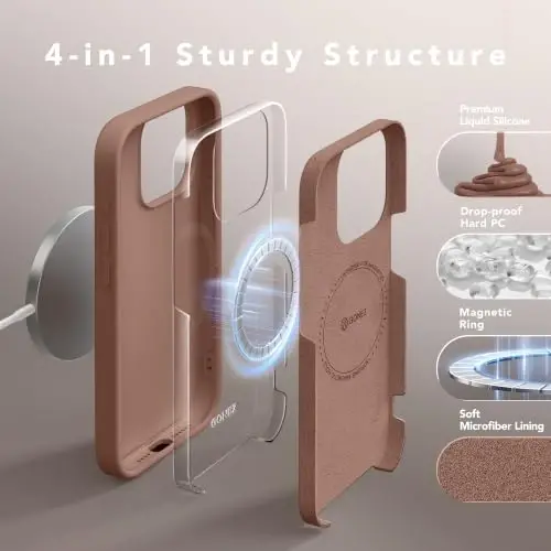 GONEZ Magnetic for iPhone 15 Pro Case, Silicone Cover Brown | Compatible with MagSafe, Camera Button & Screen Protector, Microfiber Lining, 3 Layers Soft Gel Rubber Shockproof Slim 6.1
