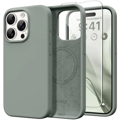 GONEZ Magnetic for iPhone 15 Pro Case, [Compatible with MagSafe] Anti-Scratch Microfiber Lining & Screen Protector, Shockproof Slim Phone Silicone Cover 6.1 inch, Calke Green - 1