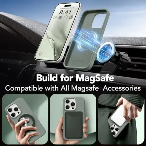 GONEZ Magnetic for iPhone 15 Pro Case, [Compatible with MagSafe] Anti-Scratch Microfiber Lining & Screen Protector, Shockproof Slim Phone Silicone Cover 6.1 inch, Calke Green - 5