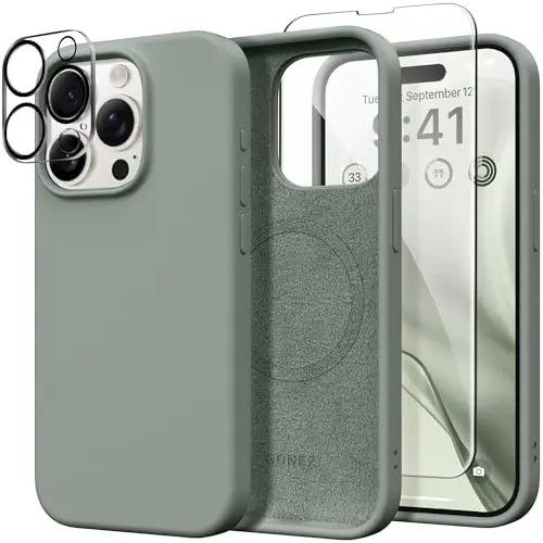 GONEZ Magnetic for iPhone 15 Pro Case, Compatible with MagSafe, [Screen Protector + Camera Lens Protector], Silicone Shockproof Anti-Scratch Protective Phone Case 6.1 inch, Calke Green 