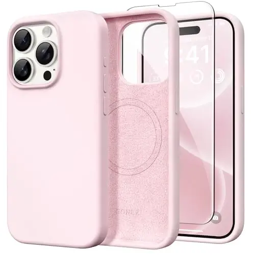 GONEZ Magnetic for iPhone 15 Pro Case, [Compatible with MagSafe] Anti-Scratch Microfiber Lining & Screen Protector, Shockproof Slim Phone Silicone Cover 6.1 inch, Chalk Pink 