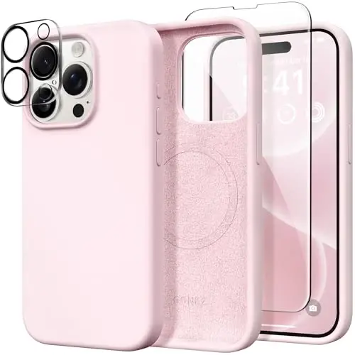 GONEZ Magnetic for iPhone 15 Pro Case, Compatible with MagSafe, [Screen Protector + Camera Lens Protector], Silicone Shockproof Anti-Scratch Protective Phone Case 6.1 inch, Chalk Pink - GONEZ