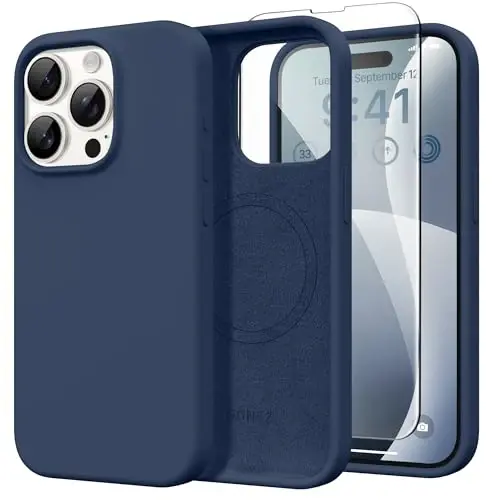 GONEZ Magnetic for iPhone 15 Pro Case, [Compatible with MagSafe] Anti-Scratch Microfiber Lining & Screen Protector, Shockproof Slim Phone Silicone Cover 6.1 inch, Dark Blue 