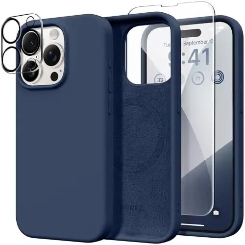 GONEZ Magnetic for iPhone 15 Pro Case, Compatible with MagSafe, [Screen Protector + Camera Lens Protector], Silicone Shockproof Anti-Scratch Protective Phone Case 6.1 inch, Dark Blue 