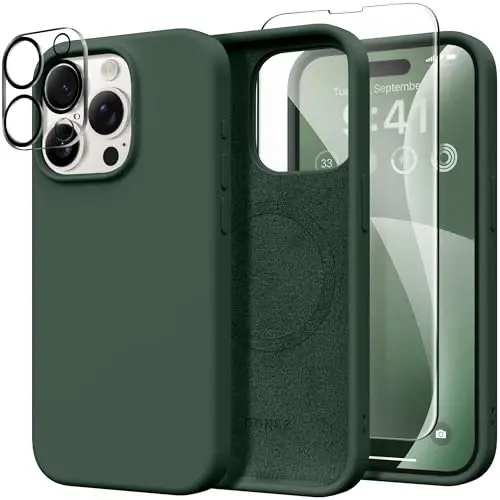 GONEZ Magnetic for iPhone 15 Pro Case, Compatible with MagSafe, [Screen Protector + Camera Lens Protector], Silicone Shockproof Anti-Scratch Protective Phone Case 6.1 inch, Dark Green - GONEZ