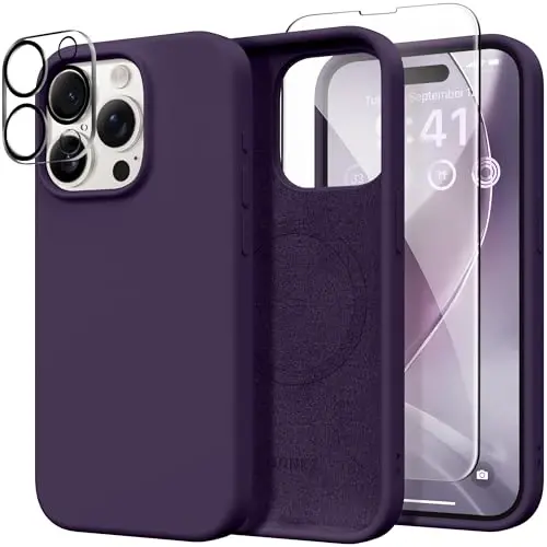 GONEZ Magnetic for iPhone 15 Pro Case, Compatible with MagSafe, [Screen Protector + Camera Lens Protector], Silicone Shockproof Anti-Scratch Protective Phone Case 6.1 inch, Deep Purple - GONEZ