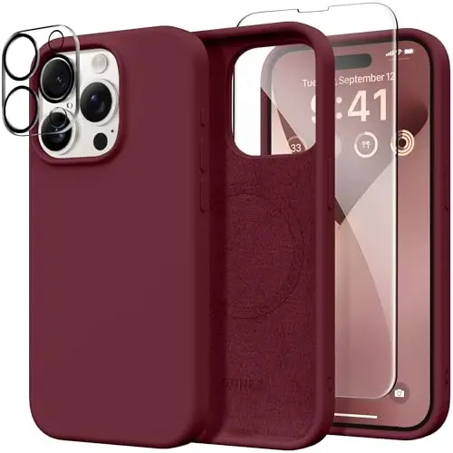 GONEZ Magnetic for iPhone 15 Pro Case, Compatible with MagSafe, [Screen Protector + Camera Lens Protector], Silicone Shockproof Anti-Scratch Protective Phone Case 6.1 inch, Maroon 