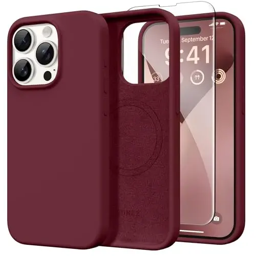 GONEZ Magnetic for iPhone 15 Pro Case, [Compatible with MagSafe] Anti-Scratch Microfiber Lining & Screen Protector, Shockproof Slim Phone Silicone Cover 6.1 inch, Maroon 