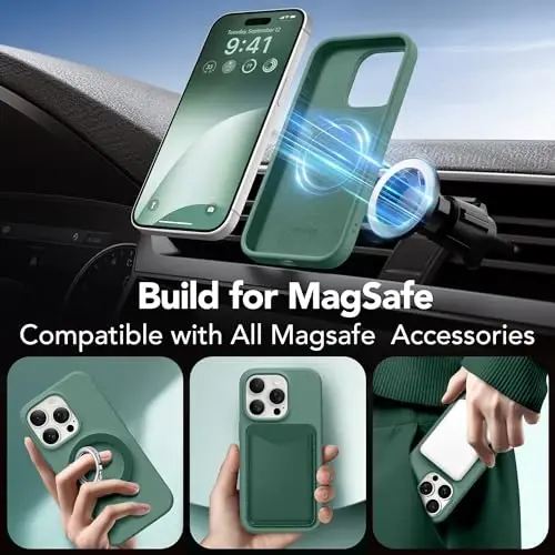 GONEZ Magnetic for iPhone 15 Pro Case, [Compatible with MagSafe] Anti-Scratch Microfiber Lining & Screen Protector, Shockproof Slim Phone Silicone Cover 6.1 inch, Midnight Green - 5