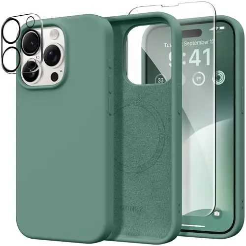 GONEZ Magnetic for iPhone 15 Pro Case, Compatible with MagSafe, [Screen Protector + Camera Lens Protector], Silicone Shockproof Anti-Scratch Protective Phone Case 6.1 inch, Midnight Green - GONEZ
