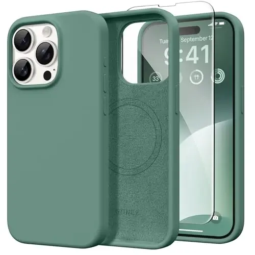 GONEZ Magnetic for iPhone 15 Pro Case, [Compatible with MagSafe] Anti-Scratch Microfiber Lining & Screen Protector, Shockproof Slim Phone Silicone Cover 6.1 inch, Midnight Green 
