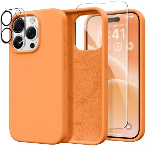 GONEZ Magnetic for iPhone 15 Pro Case, Compatible with MagSafe, [Screen Protector + Camera Lens Protector], Silicone Shockproof Anti-Scratch Protective Phone Case 6.1 inch, Orange - 1