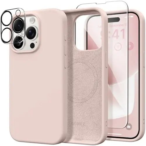 GONEZ Magnetic for iPhone 15 Pro Case, Compatible with MagSafe, [Screen Protector + Camera Lens Protector], Silicone Shockproof Anti-Scratch Protective Phone Case 6.1 inch, Pink - GONEZ