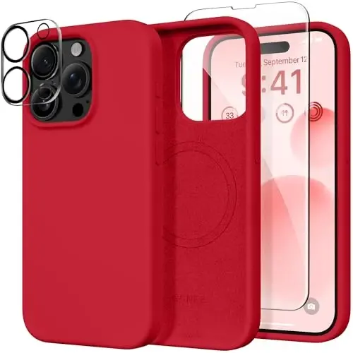 GONEZ Magnetic for iPhone 15 Pro Case, Compatible with MagSafe, [Screen Protector + Camera Lens Protector], Silicone Shockproof Anti-Scratch Protective Phone Case 6.1 inch, Red 