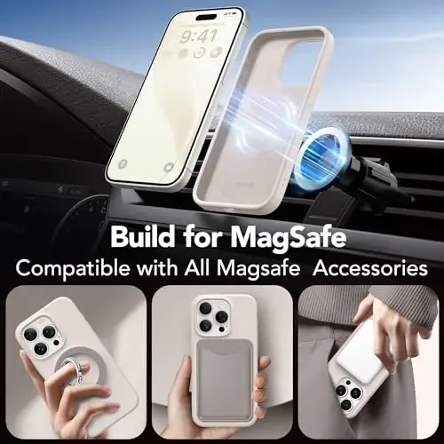 GONEZ Magnetic for iPhone 15 Pro Case, [Compatible with MagSafe] Anti-Scratch Microfiber Lining & Screen Protector, Shockproof Slim Phone Silicone Cover 6.1 inch, Stone - 5