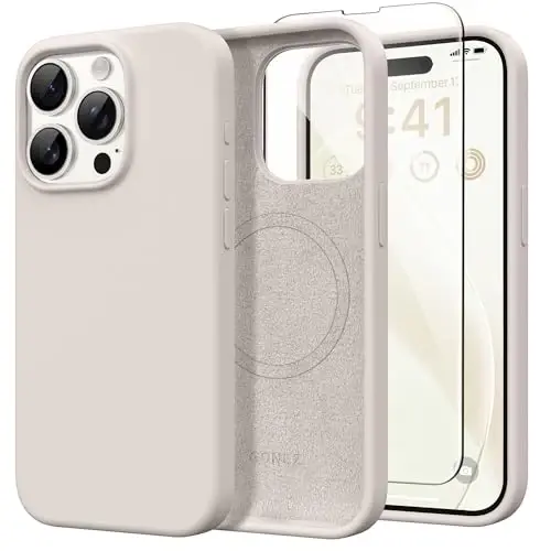 GONEZ Magnetic for iPhone 15 Pro Case, [Compatible with MagSafe] Anti-Scratch Microfiber Lining & Screen Protector, Shockproof Slim Phone Silicone Cover 6.1 inch, Stone 