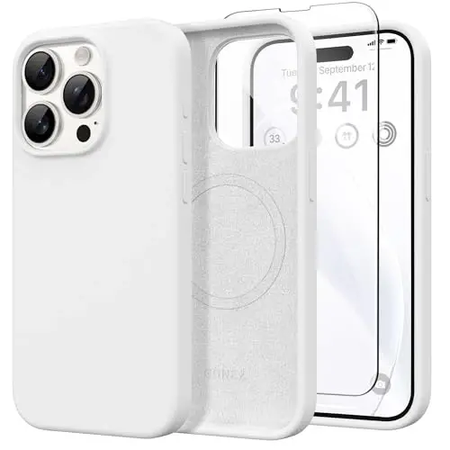 GONEZ Magnetic for iPhone 15 Pro Case, [Compatible with MagSafe] Anti-Scratch Microfiber Lining & Screen Protector, Shockproof Slim Phone Silicone Cover 6.1 inch, White 