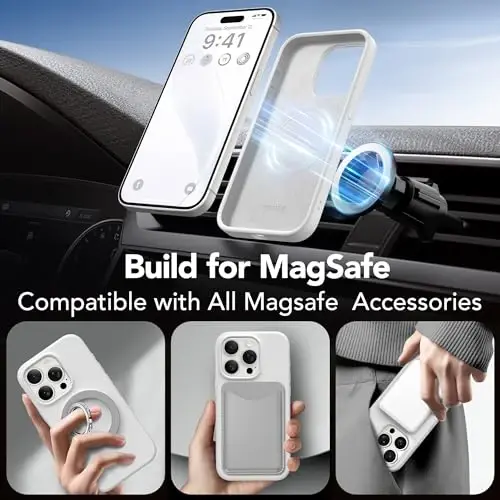 GONEZ Magnetic for iPhone 15 Pro Case, [Compatible with MagSafe] Anti-Scratch Microfiber Lining & Screen Protector, Shockproof Slim Phone Silicone Cover 6.1 inch, White - 5