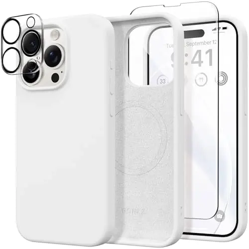 GONEZ Magnetic for iPhone 15 Pro Case, Compatible with MagSafe, [Screen Protector + Camera Lens Protector], Silicone Shockproof Anti-Scratch Protective Phone Case 6.1 inch, White 