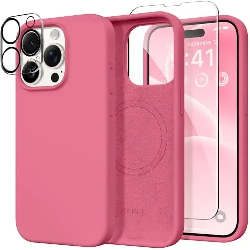 GONEZ Magnetic for iPhone 15 Pro Case, Compatible with MagSafe, [Screen Protector + Camera Lens Protector], Silicone Shockproof Anti-Scratch Protective Phone Case 6.1 inch, Wild Rose - 1