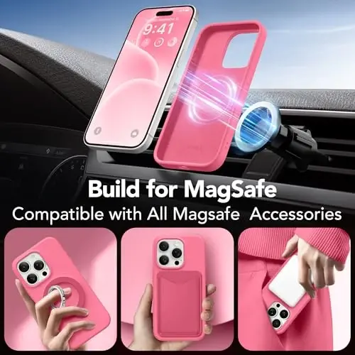 GONEZ Magnetic for iPhone 15 Pro Case, Compatible with MagSafe, [Screen Protector + Camera Lens Protector], Silicone Shockproof Anti-Scratch Protective Phone Case 6.1 inch, Wild Rose - 4