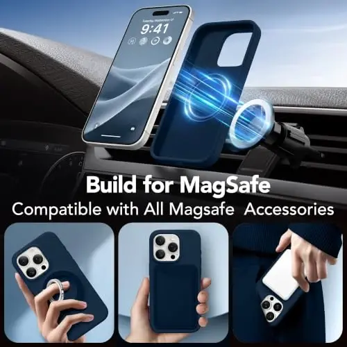 GONEZ Magnetic for iPhone 15 Pro Case, Silicone Cover Dark Blue | Compatible with MagSafe, Camera Button & Screen Protector, Microfiber Lining, 3 Layers Soft Gel Rubber Shockproof Slim 6.1