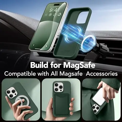GONEZ Magnetic for iPhone 15 Pro Case, Silicone Cover Dark Green | Compatible with MagSafe, Camera Button & Screen Protector, Microfiber Lining, 3 Layers Soft Gel Rubber Shockproof Slim 6.1